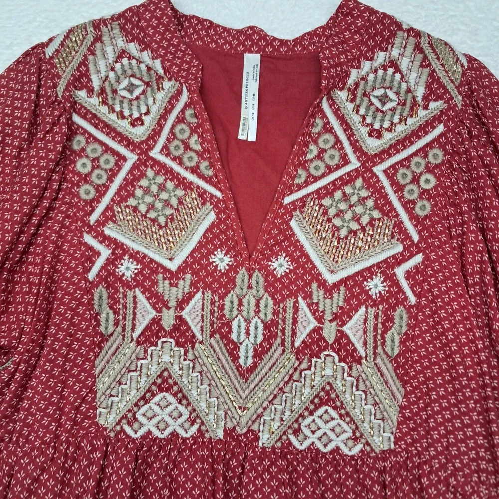 Anthropologie Keira Embroidered Peplum Women's 8 Red Long Sleeve V Neck Boho - Picture 7 of 12